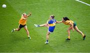 5 September 2021; Laurie Ahern of Wicklow in action against Áine Tubridy, left, and Maeve Blaney of Antrim during the TG4 All-Ireland Ladies Junior Football Championship Final match between Antrim and Wicklow at Croke Park in Dublin. Photo by Stephen McCarthy/Sportsfile