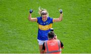 5 September 2021; Meadhbh Deeney of Wicklow celebrates in front of Sportsfile photographer Piaras Ó Mídheach following the TG4 All-Ireland Ladies Junior Football Championship Final match between Antrim and Wicklow at Croke Park in Dublin. Photo by Stephen McCarthy/Sportsfile