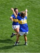 5 September 2021; Lorna Fusciardi, left, and Laurie Ahern of Wicklow celebrate at the final whistle of the TG4 All-Ireland Ladies Junior Football Championship Final match between Antrim and Wicklow at Croke Park in Dublin. Photo by Stephen McCarthy/Sportsfile