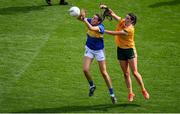 5 September 2021; Sarah Delahunt of Wicklow in action against Emma Ferran of Antrim during the TG4 All-Ireland Ladies Junior Football Championship Final match between Antrim and Wicklow at Croke Park in Dublin. Photo by Stephen McCarthy/Sportsfile
