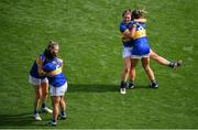 5 September 2021; Wicklow players Niamh McGettigan and Sinéad McGettigan, 8, and Laurie Ahern and Lorna Fusciardi, 5, celebrate following the TG4 All-Ireland Ladies Junior Football Championship Final match between Antrim and Wicklow at Croke Park in Dublin. Photo by Stephen McCarthy/Sportsfile