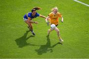 5 September 2021; Theresa Mellon of Antrim in action against Lorna Fusciardi of Wicklow during the TG4 All-Ireland Ladies Junior Football Championship Final match between Antrim and Wicklow at Croke Park in Dublin. Photo by Stephen McCarthy/Sportsfile