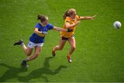 5 September 2021; Cathy Carey of Antrim in action against Alanna Conroy of Wicklow during the TG4 All-Ireland Ladies Junior Football Championship Final match between Antrim and Wicklow at Croke Park in Dublin. Photo by Stephen McCarthy/Sportsfile
