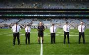 5 September 2021; Referee Shane Curley and officials before the TG4 All-Ireland Ladies Intermediate Football Championship Final match between Westmeath and Wexford at Croke Park in Dublin. Photo by Stephen McCarthy/Sportsfile