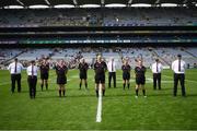 5 September 2021; Referee Shane Curley and officials before the TG4 All-Ireland Ladies Intermediate Football Championship Final match between Westmeath and Wexford at Croke Park in Dublin. Photo by Stephen McCarthy/Sportsfile