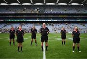 5 September 2021; Referee Shane Curley and officials before the TG4 All-Ireland Ladies Intermediate Football Championship Final match between Westmeath and Wexford at Croke Park in Dublin. Photo by Stephen McCarthy/Sportsfile