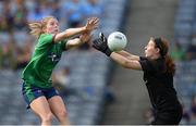 5 September 2021; Anna Jones of Westmeath in action against Wexford goalkeeper Sarah Merrigan during the TG4 All-Ireland Ladies Intermediate Football Championship Final match between Westmeath and Wexford at Croke Park in Dublin. Photo by Stephen McCarthy/Sportsfile