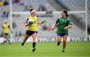 5 September 2021; Róisín Murphy of Wexford in action against Vicky Carr of Westmeath during the TG4 All-Ireland Ladies Intermediate Football Championship Final match between Westmeath and Wexford at Croke Park in Dublin. Photo by Stephen McCarthy/Sportsfile