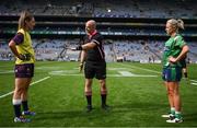 5 September 2021; Referee Shane Curley with Wexford captain Aisling Murphy and Westmeath captain Fiona Claffey before the TG4 All-Ireland Ladies Intermediate Football Championship Final match between Westmeath and Wexford at Croke Park in Dublin. Photo by Stephen McCarthy/Sportsfile