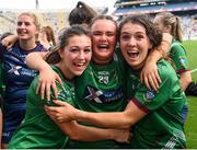 5 September 2021; Westmeath players, from left, Lucy Power, Grace Halligan and Vicky Carr celebrate following the TG4 All-Ireland Ladies Intermediate Football Championship Final match between Westmeath and Wexford at Croke Park in Dublin. Photo by Stephen McCarthy/Sportsfile