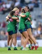 5 September 2021; Kelly Boyce Jordan, right, and Westmeath team-mates celebrate following the TG4 All-Ireland Ladies Intermediate Football Championship Final match between Westmeath and Wexford at Croke Park in Dublin. Photo by Stephen McCarthy/Sportsfile