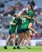 5 September 2021; Kelly Boyce Jordan, right, and Westmeath team-mates celebrate following the TG4 All-Ireland Ladies Intermediate Football Championship Final match between Westmeath and Wexford at Croke Park in Dublin. Photo by Stephen McCarthy/Sportsfile