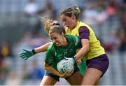 5 September 2021; Jo-hanna Maher of Westmeath in action against Aisling Halligan of Wexford during the TG4 All-Ireland Ladies Intermediate Football Championship Final match between Westmeath and Wexford at Croke Park in Dublin. Photo by Stephen McCarthy/Sportsfile