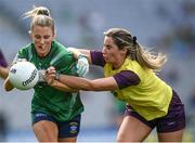 5 September 2021; Jo-hanna Maher of Westmeath in action against Aisling Halligan of Wexford during the TG4 All-Ireland Ladies Intermediate Football Championship Final match between Westmeath and Wexford at Croke Park in Dublin. Photo by Stephen McCarthy/Sportsfile