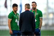 7 September 2021; John Egan, left, and Shane Duffy of Republic of Ireland speak to Republic of Ireland manager Stephen Kenny ahead of the FIFA World Cup 2022 qualifying group A match between Republic of Ireland and Serbia at the Aviva Stadium in Dublin. Photo by Harry Murphy/Sportsfile