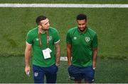 7 September 2021; Shane Duffy and Cyrus Christie of Republic of Ireland before the FIFA World Cup 2022 qualifying group A match between Republic of Ireland and Serbia at the Aviva Stadium in Dublin. Photo by Ben McShane/Sportsfile