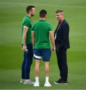 7 September 2021; John Egan, centre, and Shane Duffy of Republic of Ireland speak to Republic of Ireland manager Stephen Kenny before the FIFA World Cup 2022 qualifying group A match between Republic of Ireland and Serbia at the Aviva Stadium in Dublin. Photo by Stephen McCarthy/Sportsfile