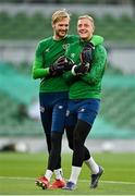 7 September 2021; Republic of Ireland goalkeepers Caoimhin Kelleher, left, and James Talbot before the FIFA World Cup 2022 qualifying group A match between Republic of Ireland and Serbia at the Aviva Stadium in Dublin. Photo by Seb Daly/Sportsfile