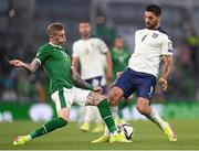 7 September 2021; James McClean of Republic of Ireland in action against Aleksandar Mitrovic of Serbia during the FIFA World Cup 2022 qualifying group A match between Republic of Ireland and Serbia at the Aviva Stadium in Dublin. Photo by Harry Murphy/Sportsfile