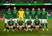 7 September 2021; The Republic of Ireland team, back row, from left, Adam Idah, Shane Duffy, Gavin Bazunu, Andrew Omobamidele, Matt Doherty, John Egan, and James McClean, with, front row, from left, Jamie McGrath, Josh Cullen, Alan Browne and Jeff Hendrick before the FIFA World Cup 2022 qualifying group A match between Republic of Ireland and Serbia at the Aviva Stadium in Dublin. Photo by Stephen McCarthy/Sportsfile