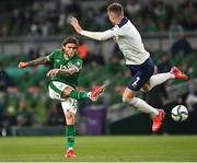7 September 2021; Jeff Hendrick of Republic of Ireland in action against Strahinja Pavlovic of Serbia during the FIFA World Cup 2022 qualifying group A match between Republic of Ireland and Serbia at the Aviva Stadium in Dublin. Photo by Seb Daly/Sportsfile