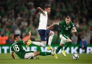 7 September 2021; Sergej Milinkovic­-Savic of Serbia in action against Jamie McGrath and James McClean of Republic of Ireland during the FIFA World Cup 2022 qualifying group A match between Republic of Ireland and Serbia at the Aviva Stadium in Dublin. Photo by Stephen McCarthy/Sportsfile