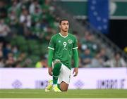 7 September 2021; Adam Idah of Republic of Ireland takes a knee before the FIFA World Cup 2022 qualifying group A match between Republic of Ireland and Serbia at the Aviva Stadium in Dublin. Photo by Stephen McCarthy/Sportsfile