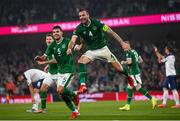 7 September 2021; John Egan and Shane Duffy of Republic of Ireland celebrate after their side's first goal, an own goal scored by Nikola Milenkovic of Serbia, during the FIFA World Cup 2022 qualifying group A match between Republic of Ireland and Serbia at the Aviva Stadium in Dublin. Photo by Stephen McCarthy/Sportsfile