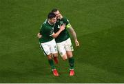7 September 2021; John Egan and Shane Duffy of Republic of Ireland celebrate after their side's first goal, an own goal scored by Nikola Milenkovic of Serbia, during the FIFA World Cup 2022 qualifying group A match between Republic of Ireland and Serbia at the Aviva Stadium in Dublin. Photo by Ben McShane/Sportsfile
