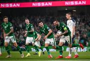 7 September 2021; Republic of Ireland players, from left, James Collins, James McClean, John Egan and Shane Duffy celebrate after their side's first goal, an own goal scored by Nikola Milenkovic of Serbia, right, during the FIFA World Cup 2022 qualifying group A match between Republic of Ireland and Serbia at the Aviva Stadium in Dublin. Photo by Stephen McCarthy/Sportsfile