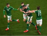 7 September 2021; Conor Hourihane, James Collins, Shane Duffy and Jayson Molumby of Republic of Ireland celebrate their side's first goal, an own goal scored by Nikola Milenkovic of Serbia, during the FIFA World Cup 2022 qualifying group A match between Republic of Ireland and Serbia at the Aviva Stadium in Dublin. Photo by Ben McShane/Sportsfile