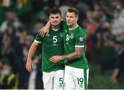 7 September 2021; John Egan and James Collins of Republic of Ireland after the FIFA World Cup 2022 qualifying group A match between Republic of Ireland and Serbia at the Aviva Stadium in Dublin. Photo by Stephen McCarthy/Sportsfile