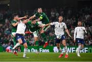 7 September 2021; John Egan, James Collins and Shane Duffy of Republic of Ireland and Miloš Veljkovic and Nikola Milenkovic of Serbia during the FIFA World Cup 2022 qualifying group A match between Republic of Ireland and Serbia at the Aviva Stadium in Dublin. Photo by Stephen McCarthy/Sportsfile