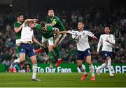 7 September 2021; John Egan, James Collins and Shane Duffy of Republic of Ireland and Miloš Veljkovic and Nikola Milenkovic of Serbia during the FIFA World Cup 2022 qualifying group A match between Republic of Ireland and Serbia at the Aviva Stadium in Dublin. Photo by Stephen McCarthy/Sportsfile