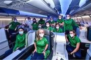 7 September 2021; Team Ireland athletes, from left, Ronan Grimes, Patrick Monahan, Katie George Dunlevy, Martin Gordon, Ellen Keane, Eve McCrystal, Eamonn Byrne, Mary Fitzgerald, Nicole Turner, Pat O'Leary, Patrick Flanagan, Gary O'Reilly, Richael Timothy and Róisín Ní Riain onboard their Aer Lingus flight ahead of their Paralympic Homecoming at Heathrow Airport in London, England. Photo by David Fitzgerald/Sportsfile