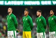 7 September 2021; Republic of Ireland players Shane Duffy, Gavin Bazunu, Matt Doherty, Andrew Omobamidele during the playing of the national anthem before the FIFA World Cup 2022 qualifying group A match between Republic of Ireland and Serbia at the Aviva Stadium in Dublin. Photo by Harry Murphy/Sportsfile