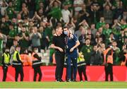 7 September 2021; Republic of Ireland manager Stephen Kenny and Kieran Crowley, FAI communications executive, after the FIFA World Cup 2022 qualifying group A match between Republic of Ireland and Serbia at the Aviva Stadium in Dublin. Photo by Harry Murphy/Sportsfile