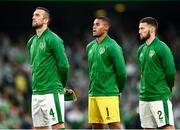 7 September 2021; Republic of Ireland players, from left, Shane Duffy, Gavin Bazunu and Matt Doherty before the FIFA World Cup 2022 qualifying group A match between Republic of Ireland and Serbia at the Aviva Stadium in Dublin. Photo by Harry Murphy/Sportsfile