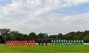 8 September 2021; Players and officials during the anthems before match one of the Dafanews International Cup ODI series between Ireland and Zimbabwe at Stormont in Belfast. Photo by Seb Daly/Sportsfile