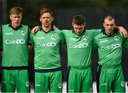 8 September 2021; Ireland players, from left, Harry Tector, Craig Young, Josh Little and Lorcan Tucker during Ireland's Call before match one of the Dafanews International Cup ODI series between Ireland and Zimbabwe at Stormont in Belfast. Photo by Seb Daly/Sportsfile