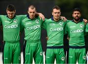 8 September 2021; Ireland players, from left, Josh Little, Lorcan Tucker, Andrew McBrine and Simi Singh during Ireland's Call before match one of the Dafanews International Cup ODI series between Ireland and Zimbabwe at Stormont in Belfast. Photo by Seb Daly/Sportsfile