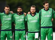 8 September 2021; Ireland players, from left, Andrew McBrine, Simi Singh, Paul Stirling and Mark Adair during Ireland's Call before match one of the Dafanews International Cup ODI series between Ireland and Zimbabwe at Stormont in Belfast. Photo by Seb Daly/Sportsfile