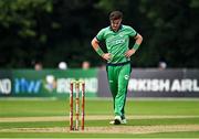 8 September 2021; Mark Adair of Ireland reacts after conceding four runs during match one of the Dafanews International Cup ODI series between Ireland and Zimbabwe at Stormont in Belfast. Photo by Seb Daly/Sportsfile