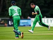 8 September 2021; Josh Little of Ireland celebrates claiming the wicket of Zimbabwe's Brendan Taylor, which was subsequently not out, during match one of the Dafanews International Cup ODI series between Ireland and Zimbabwe at Stormont in Belfast. Photo by Seb Daly/Sportsfile
