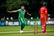 8 September 2021; Josh Little of Ireland celebrates claiming the wicket of Zimbabwe's Brendan Taylor, which was subsequently not out, during match one of the Dafanews International Cup ODI series between Ireland and Zimbabwe at Stormont in Belfast. Photo by Seb Daly/Sportsfile