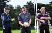 8 September 2021; Mícheál Ó Muircheartaigh with former Dublin footballer Brian Mullins, centre, and former Kerry footballer Jack O'Shea at UCD during the reunion of club and intercounty GAA players trained by Mícheál Ó Muircheartaigh as part of a training group of Dublin based players in the 1970, '80's and '90's at UCD in Belfield, Dublin. Photo by Piaras Ó Mídheach/Sportsfile