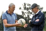 8 September 2021; Tomás Ó Flatharta presents a signed ball to his former trainer Mícheál Ó Muircheartaigh during the reunion of club and intercounty GAA players trained by Mícheál Ó Muircheartaigh as part of a training group of Dublin based players in the 1970, '80's and '90's at UCD in Belfield, Dublin. Photo by Piaras Ó Mídheach/Sportsfile