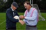 8 September 2021; Mícheál Ó Muircheartaigh with former Galway hurler Brendan Lynskey at UCD during the reunion of club and intercounty GAA players trained by Mícheál Ó Muircheartaigh as part of a training group of Dublin based players in the 1970, '80's and '90's at UCD in Belfield, Dublin. Photo by Piaras Ó Mídheach/Sportsfile