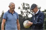 8 September 2021; Tomás Ó Flatharta presents a signed ball to his former trainer Mícheál Ó Muircheartaigh during the reunion of club and intercounty GAA players trained by Mícheál Ó Muircheartaigh as part of a training group of Dublin based players in the 1970, '80's and '90's at UCD in Belfield, Dublin. Photo by Piaras Ó Mídheach/Sportsfile