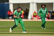 8 September 2021; Josh Little of Ireland celebrates claiming the wicket of Zimbabwe's Sean Williams during match one of the Dafanews International Cup ODI series between Ireland and Zimbabwe at Stormont in Belfast. Photo by Seb Daly/Sportsfile
